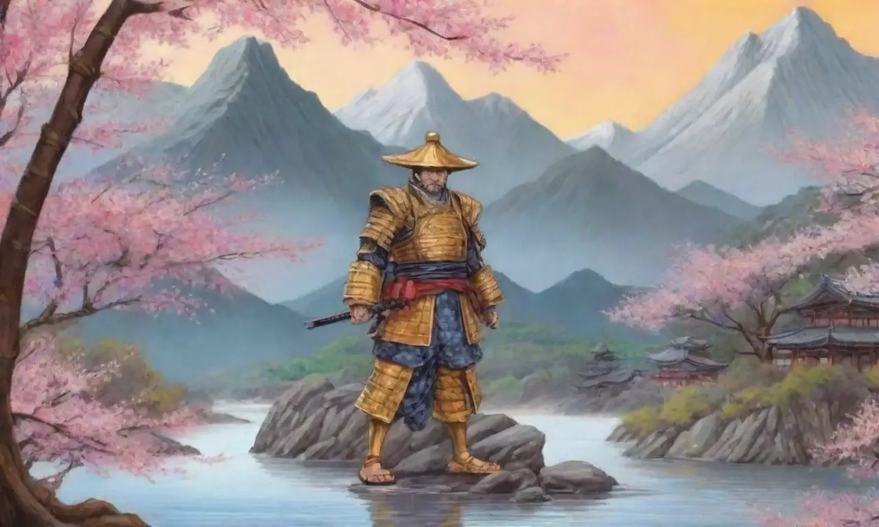 Un samurái noble, con armadura brillante, observa un paisaje sereno de montañas y flores de cerezo al atardecer