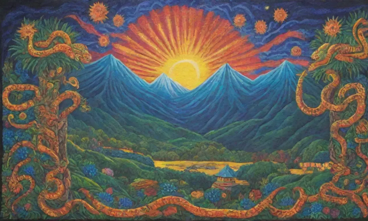 Un vibrante tapiz de vida y muerte se despliega en un mundo sagrado lleno de colores y símbolos