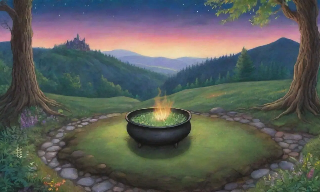 Un bosque mágico con árboles antiguos, niebla, un círculo de piedras iluminado por la luna y un castillo en ruinas