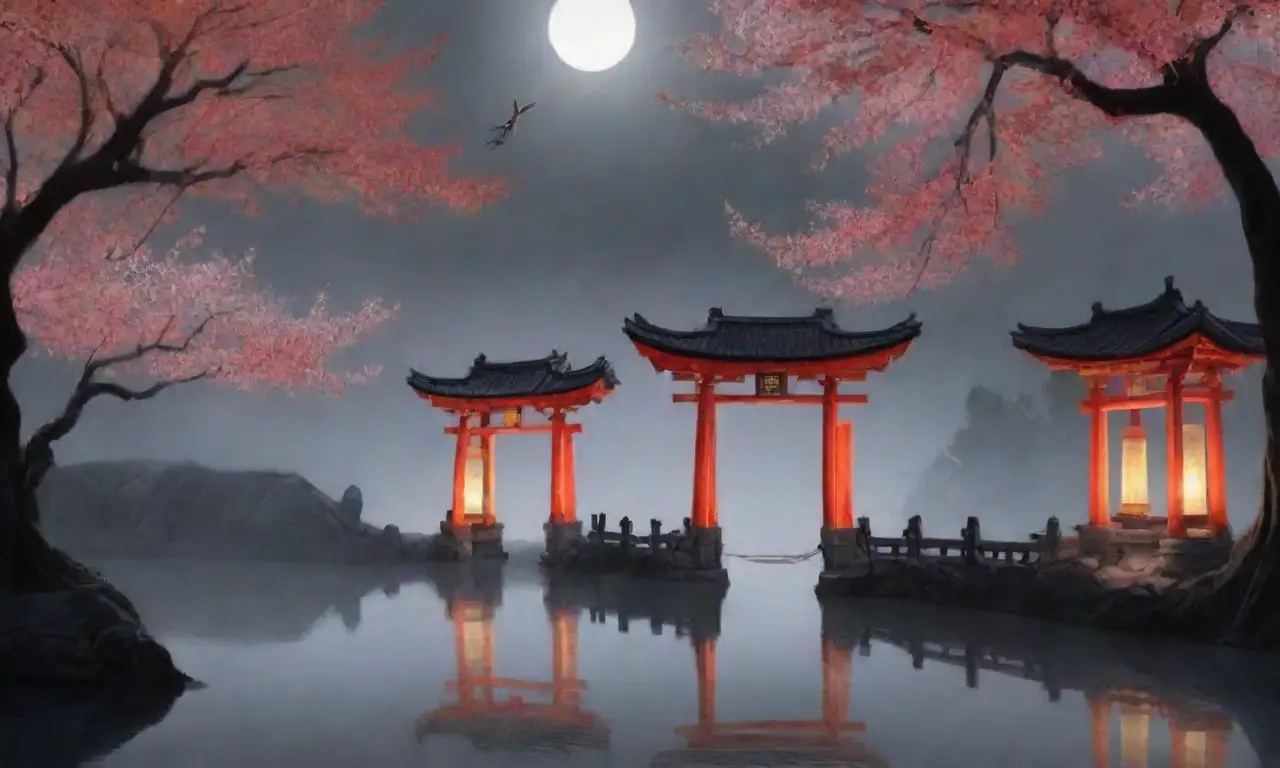 Un paisaje misterioso y etéreo lleno de niebla, luces parpadeantes y figuras fantasmales
