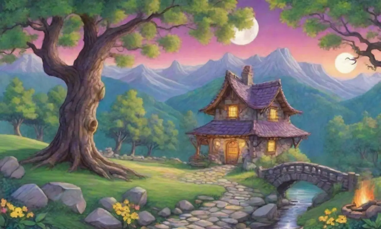 Un bosque verde y mágico con montañas, flores, un río, una cabaña y criaturas míticas bajo la luna llena
