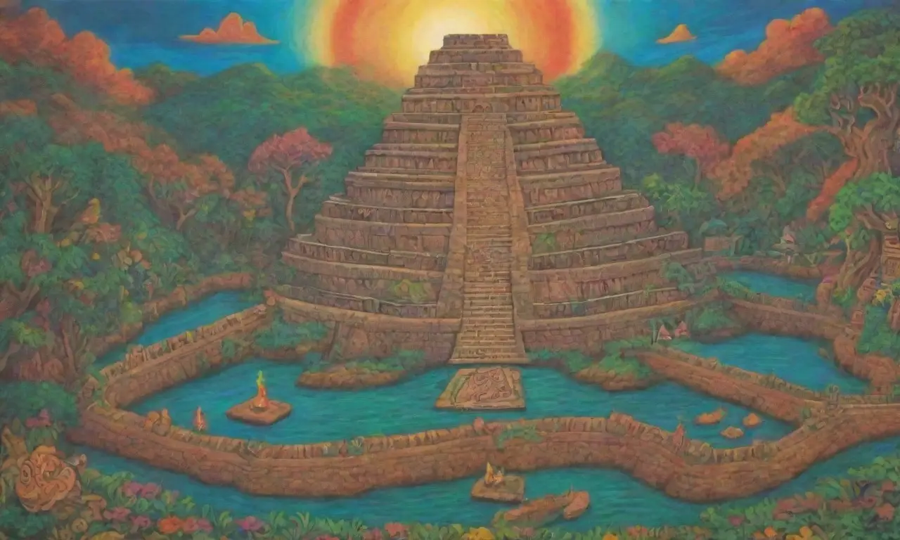 Un paisaje vibrante de selva con pirámides antiguas, Quetzalcóatl, mitos coloridos y una atmósfera mística