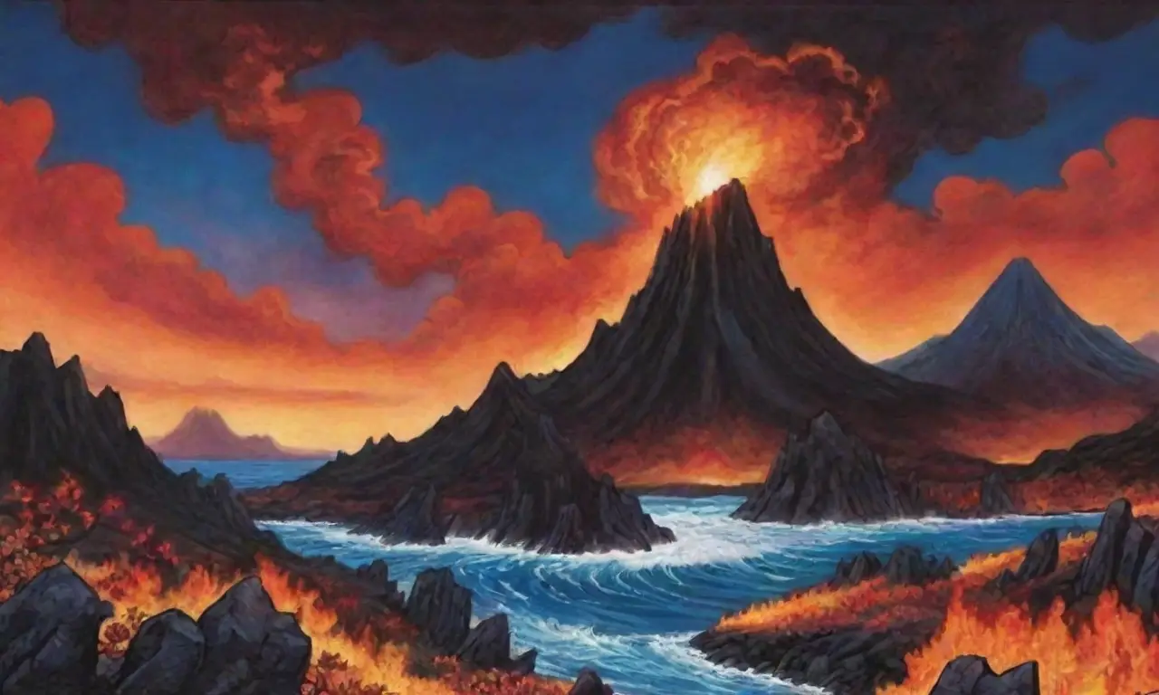 Paisajes volcánicos vibrantes con lava, guerreros, naturaleza exuberante y elementos místicos