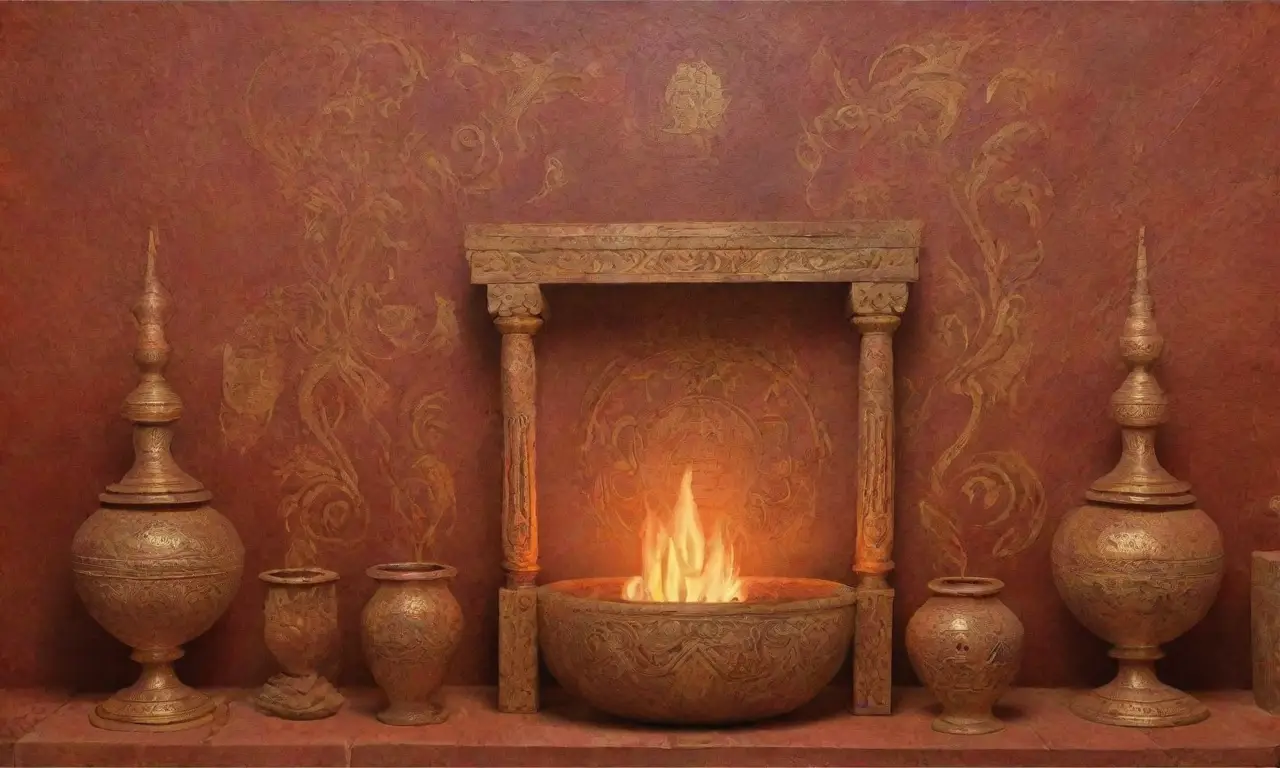 Un fondo oscuro con llamas, urnas etruscas, joyería dorada, figuras sombrías, frescos vibrantes, herramientas antiguas, un altar ornamentado, mosaicos de criaturas míticas y un paisaje de tumbas envuelto en misterio