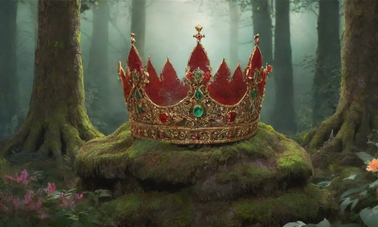 Una corona vibrante de filigrana dorada y joyas brillantes, rodeada de un ambiente místico y reverente en un bosque oscuro