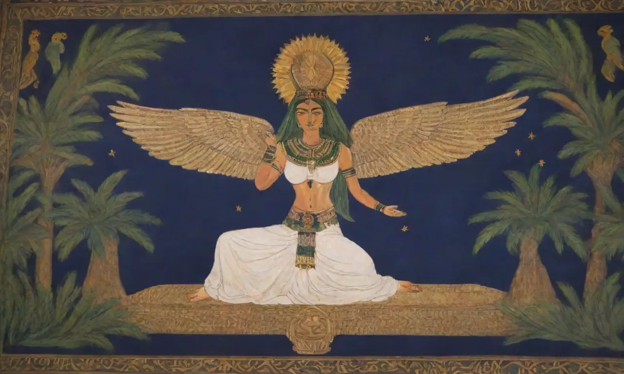 Una escena vibrante de Isis y Osiris rodeados de símbolos de renacimiento y protección en un fondo celestial