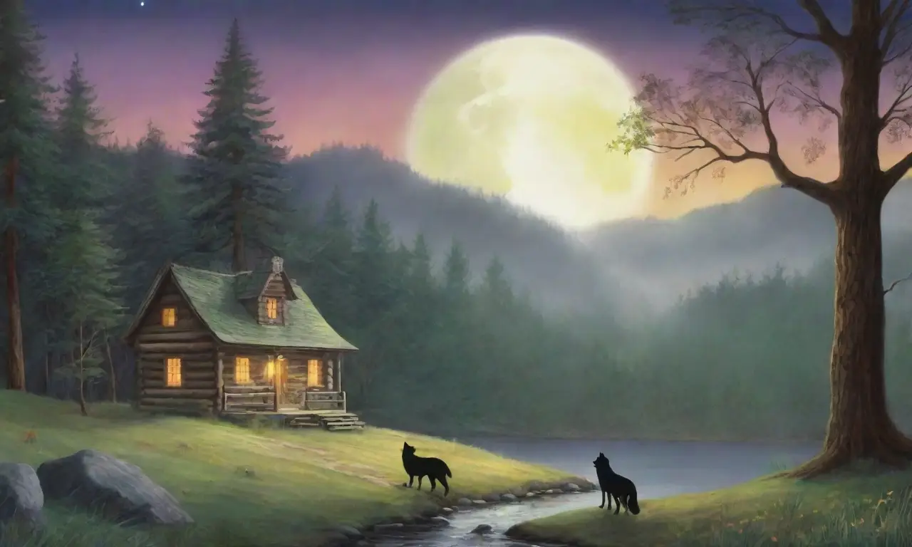 Un bosque brumoso con un lobo solitario, ruinas antiguas y un ambiente lleno de misterio