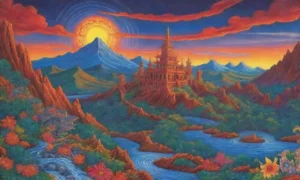 Un paisaje vibrante y místico refleja la dualidad de la vida y la muerte en una civilización antigua