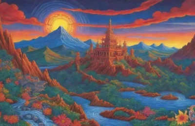 Un paisaje vibrante y místico refleja la dualidad de la vida y la muerte en una civilización antigua