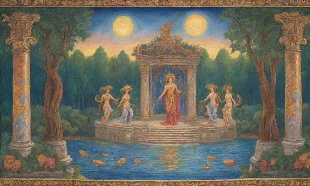 Un vibrante paisaje de mitología romana lleno de colores, belleza y historia