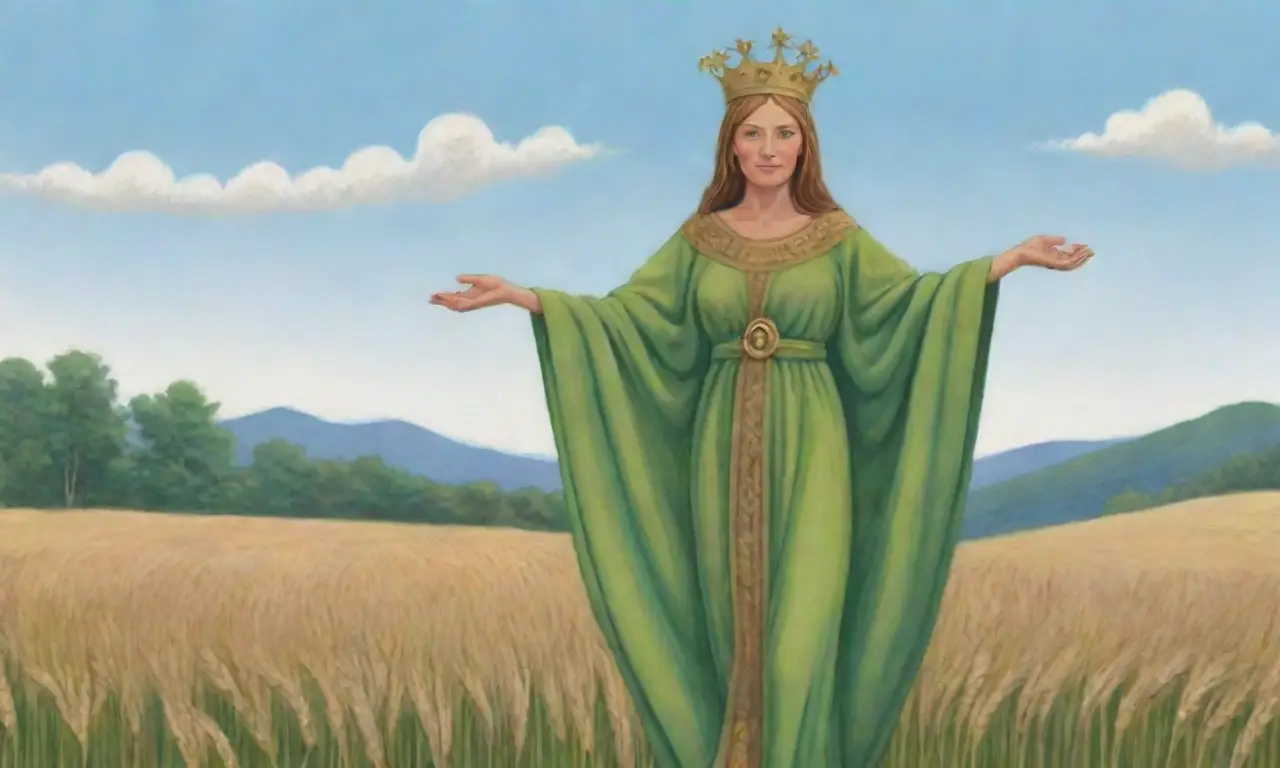 Un paisaje sereno de campos dorados y una figura vestida de verde simboliza la fertilidad y la abundancia