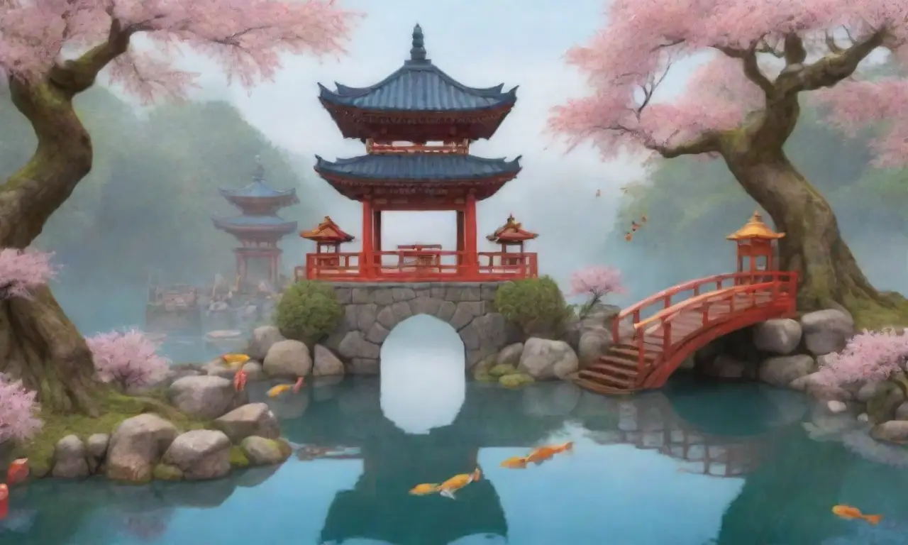 Un paisaje sereno con agua, flores de cerezo, un estatua de Suijin, peces koi y un torii rojo