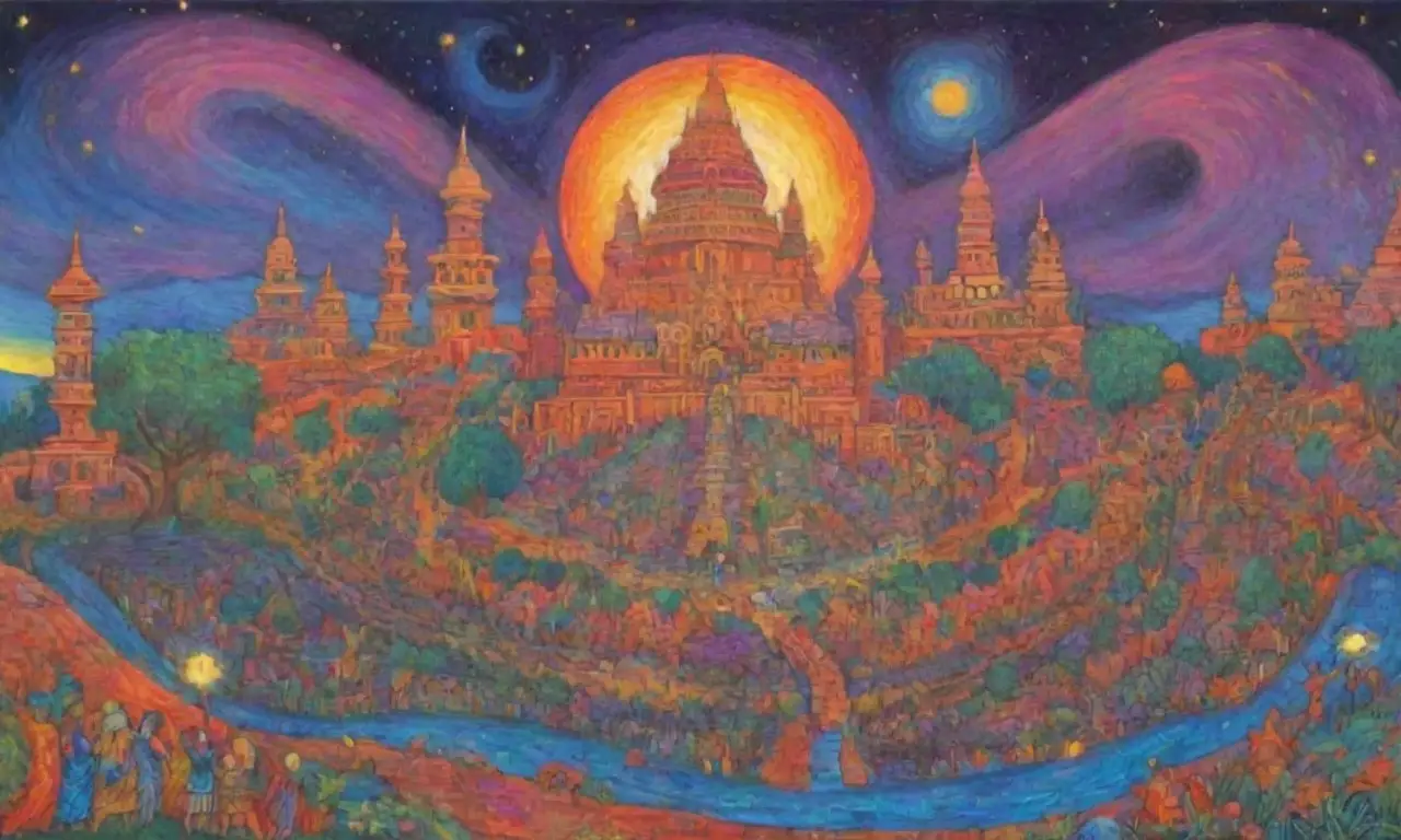 Colores vibrantes y símbolos antiguos se entrelazan en un paisaje lleno de historia y mitología