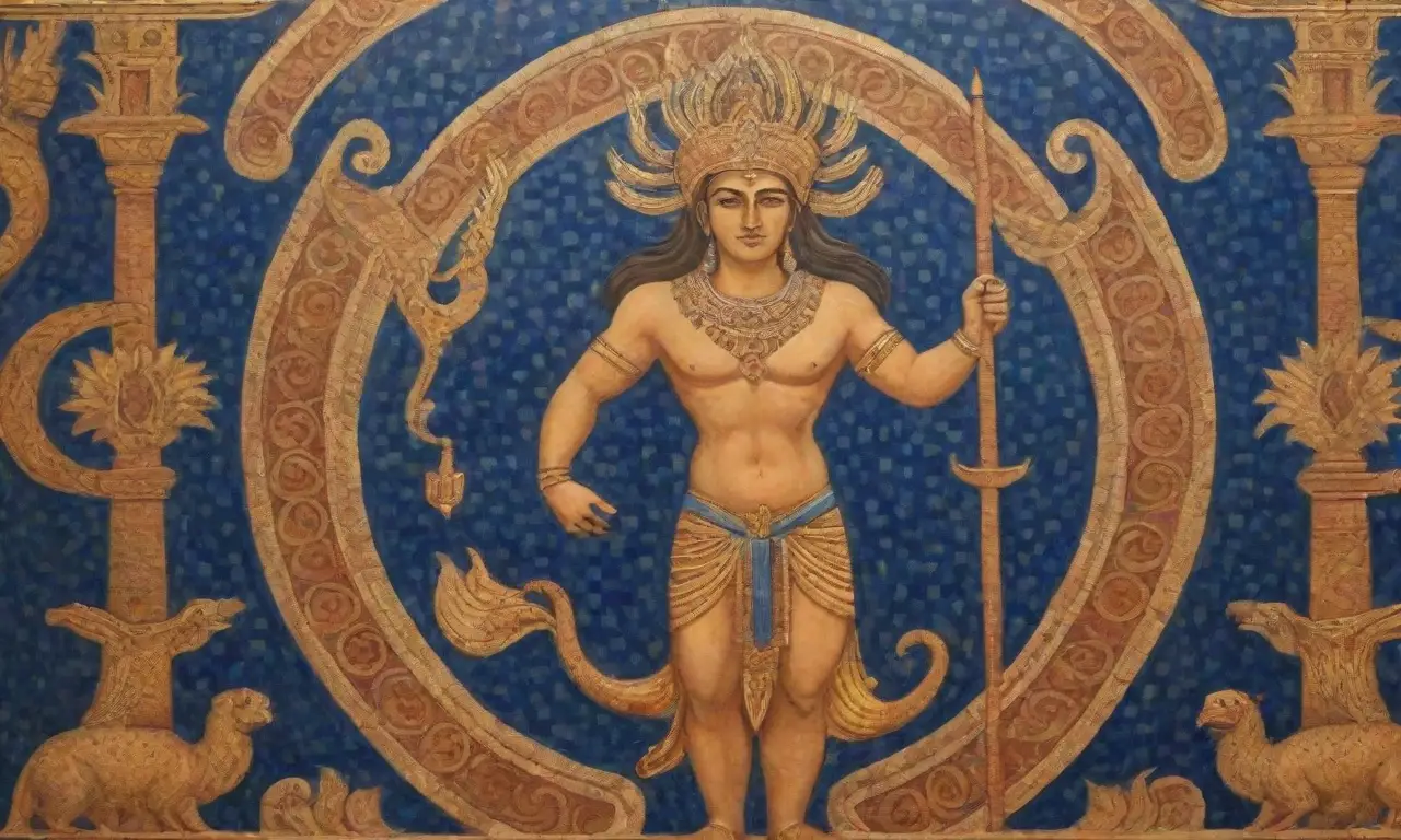 Un mural vibrante que captura la esencia de la cultura fenicia con Melqart en el centro, rodeado de símbolos, naturaleza y rituales