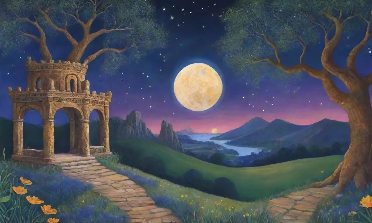 Un paisaje mágico con cielos estrellados, ruinas antiguas, ríos serenos y susurros de espíritus