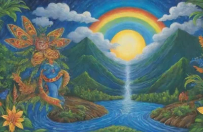 Un paisaje vibrante y fértil se despliega con colores azules
