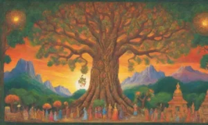 Un paisaje vibrante y sagrado que fusiona colores