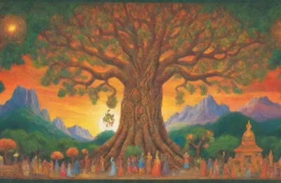 Un paisaje vibrante y sagrado que fusiona colores