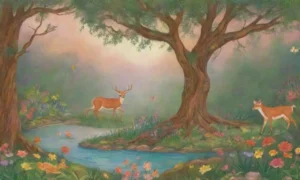 Un paisaje vibrante y mágico lleno de vida y colores