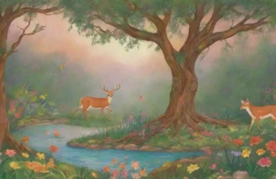 Un paisaje vibrante y mágico lleno de vida y colores