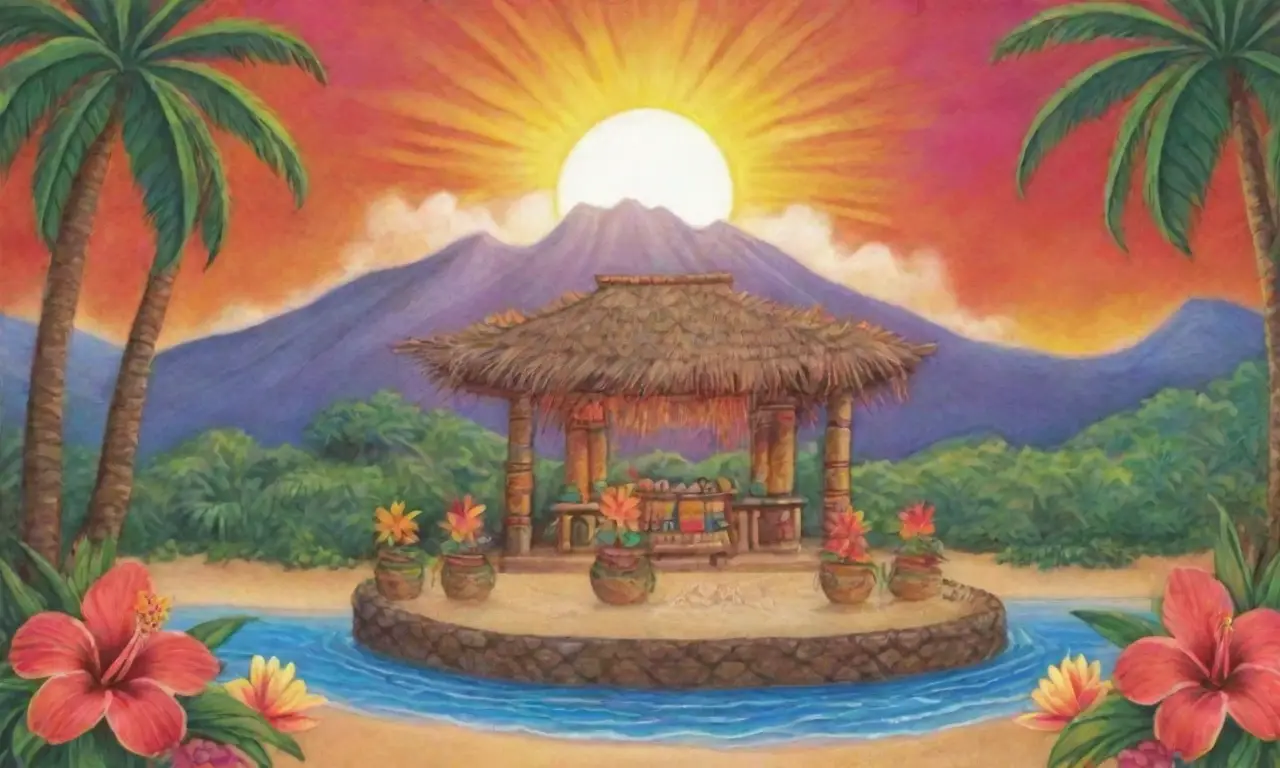 Colores tropicales vibrantes, montañas majestuosas, océano brillante y danzas hula en un paisaje hawaiano