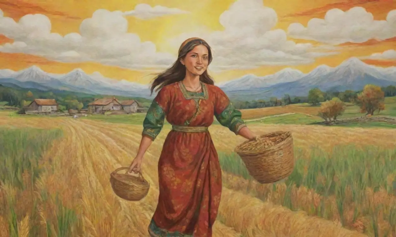 Una escena vibrante de cosecha con la Madre Cebada, campos dorados y verdes, flores, herramientas rústicas y alegría comunitaria