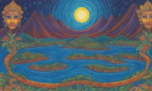 Colores vibrantes y símbolos antiguos crean un paisaje místico y armonioso