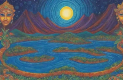 Colores vibrantes y símbolos antiguos crean un paisaje místico y armonioso