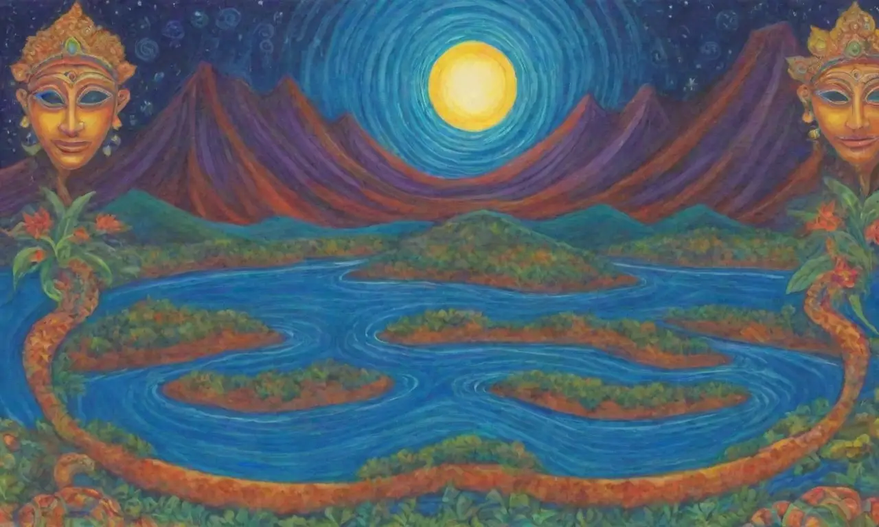 Colores vibrantes y símbolos antiguos crean un paisaje místico y armonioso