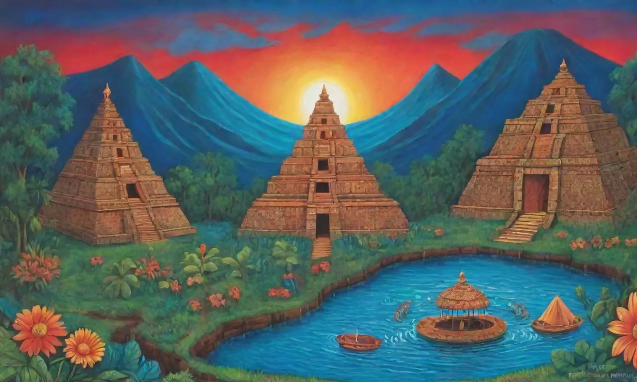 Un paisaje vibrante y místico que combina elementos de la naturaleza y la cultura antigua