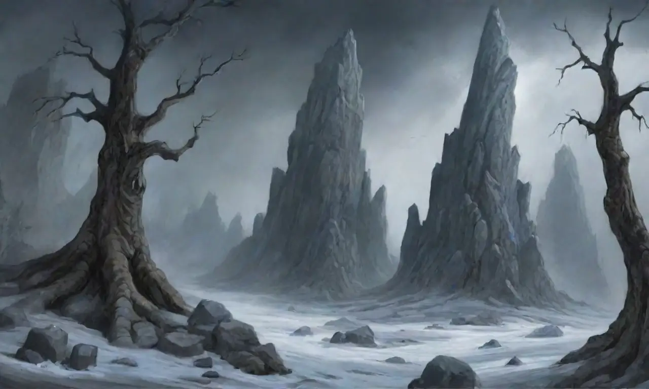 Un paisaje desolador y caótico de poder primordial, con cielos tormentosos, gigantes de hielo y ecos de antiguas batallas