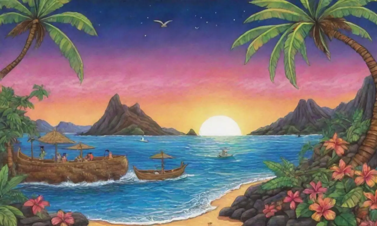 Colores tropicales vibrantes, naturaleza exuberante y elementos culturales en un paisaje mágico