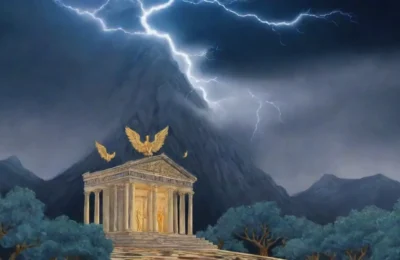 Un majestuoso Zeus envuelto en tormentas y luz divina