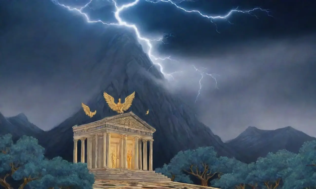 Un majestuoso Zeus envuelto en tormentas y luz divina