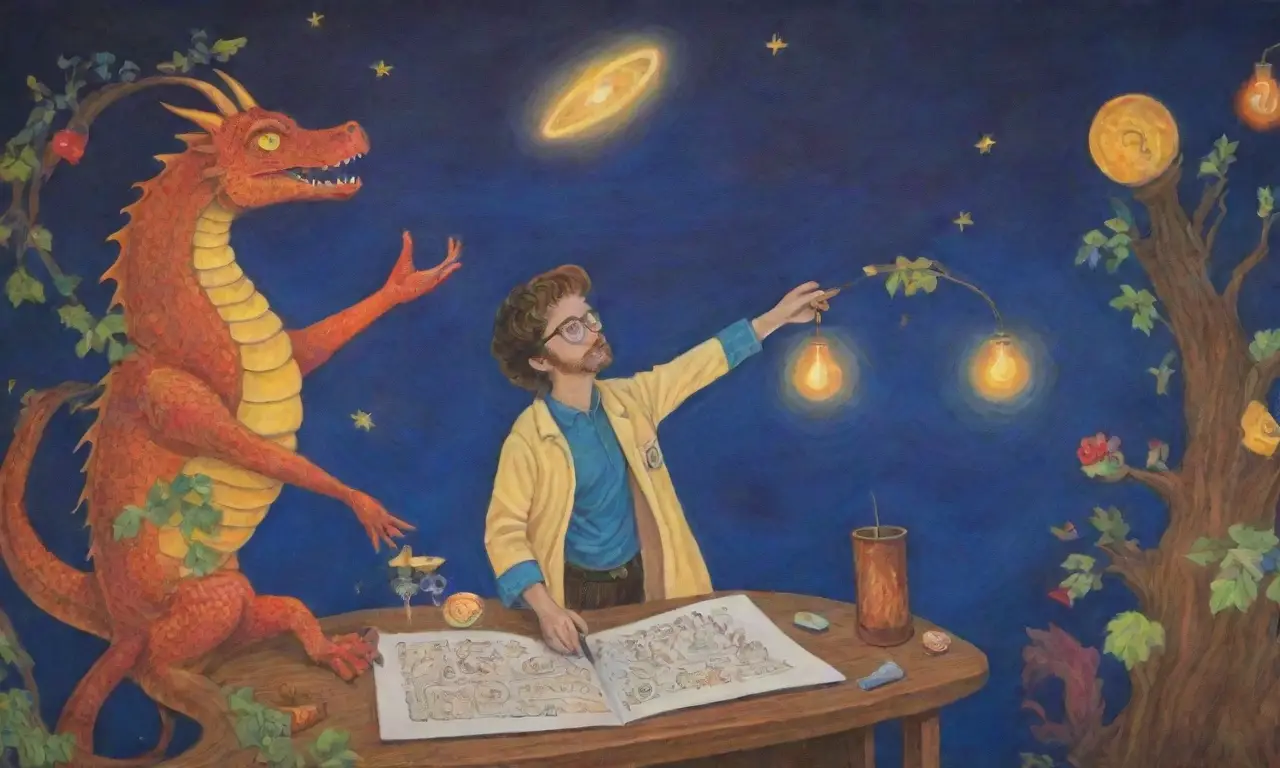 Un mural vibrante con colores intensos, un científico, criaturas míticas y símbolos de conocimiento en un fondo estrellado