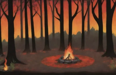 Un bosque oscuro con fuego danzante