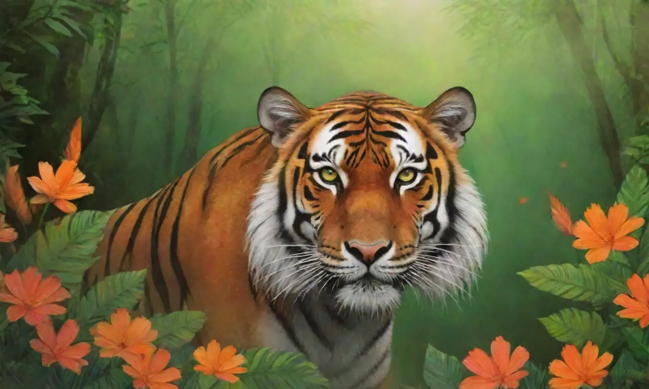 Un majestuoso tigre en una jungla vibrante y espiritual, rodeado de símbolos sagrados y naturaleza exuberante
