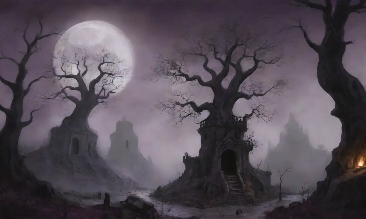 Un paisaje sombrío y misterioso lleno de ruinas antiguas, sombras y una atmósfera de desolación