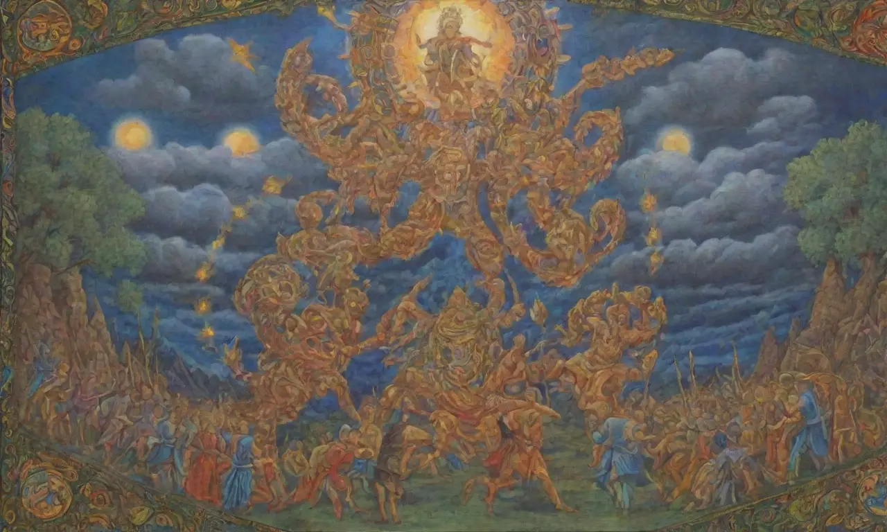 Un vibrante tapiz de dioses eslavos en un campo de batalla caótico, lleno de colores, símbolos y tensión histórica