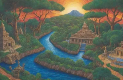 Selva vibrante con templos antiguos