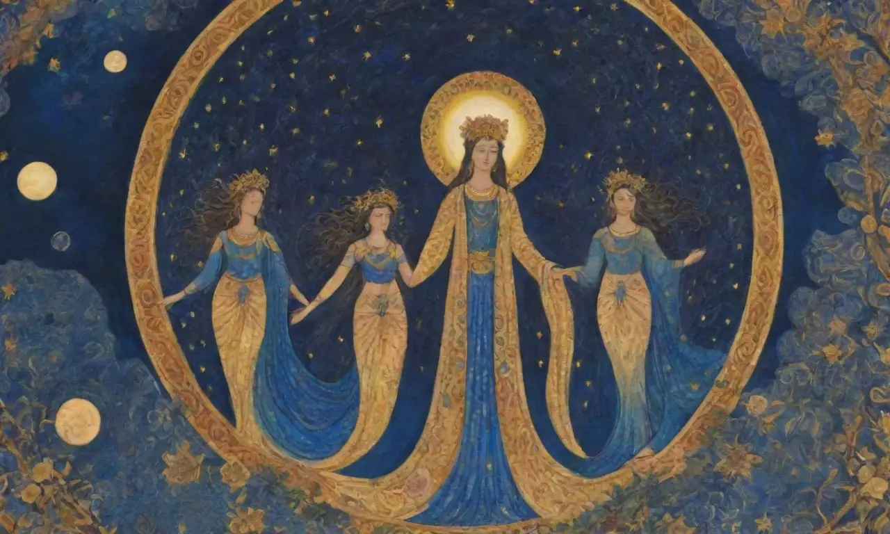 Una escena vibrante de figuras etéreas en un paisaje celestial, fusionando elementos modernos y antiguos