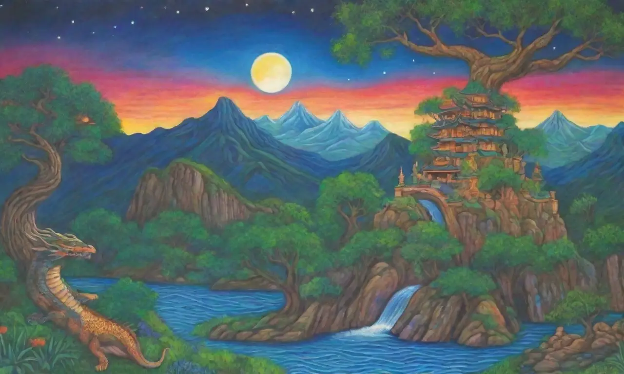 Un paisaje mágico lleno de colores vibrantes, criaturas míticas y leyendas