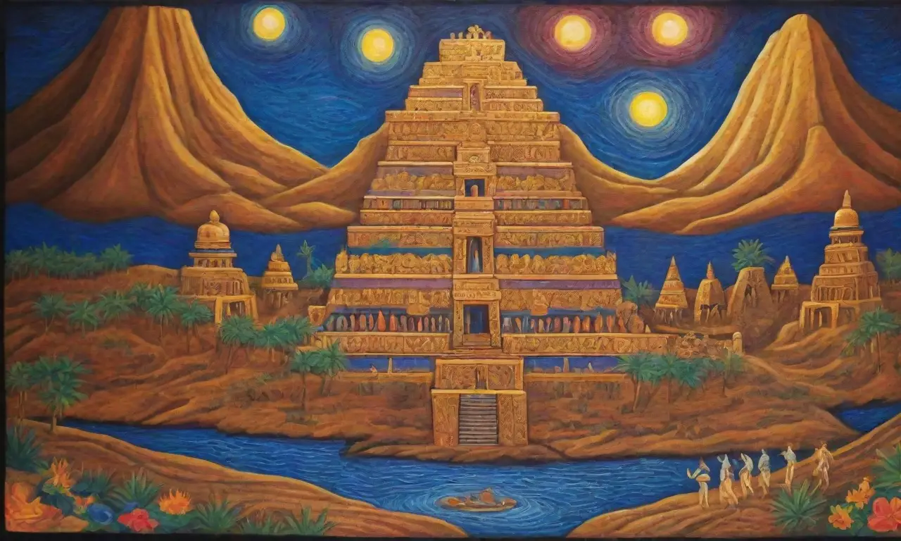 Un paisaje vibrante de la antigua Mesopotamia con ziggurats, templos, arte, y vida cultural
