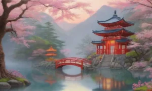 Un paisaje japonés lleno de flores de cerezo