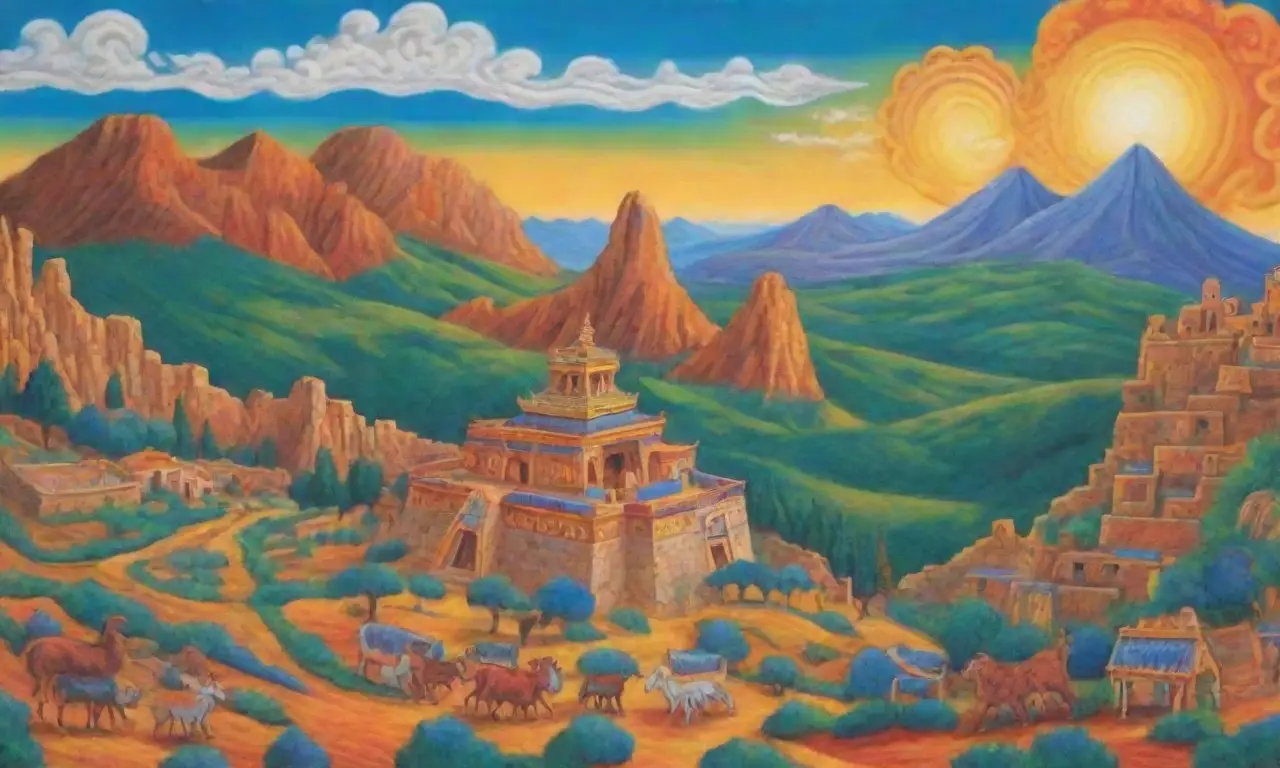 Un vibrante tapiz cultural lleno de colores, patrones geométricos, montañas majestuosas y rituales ancestrales