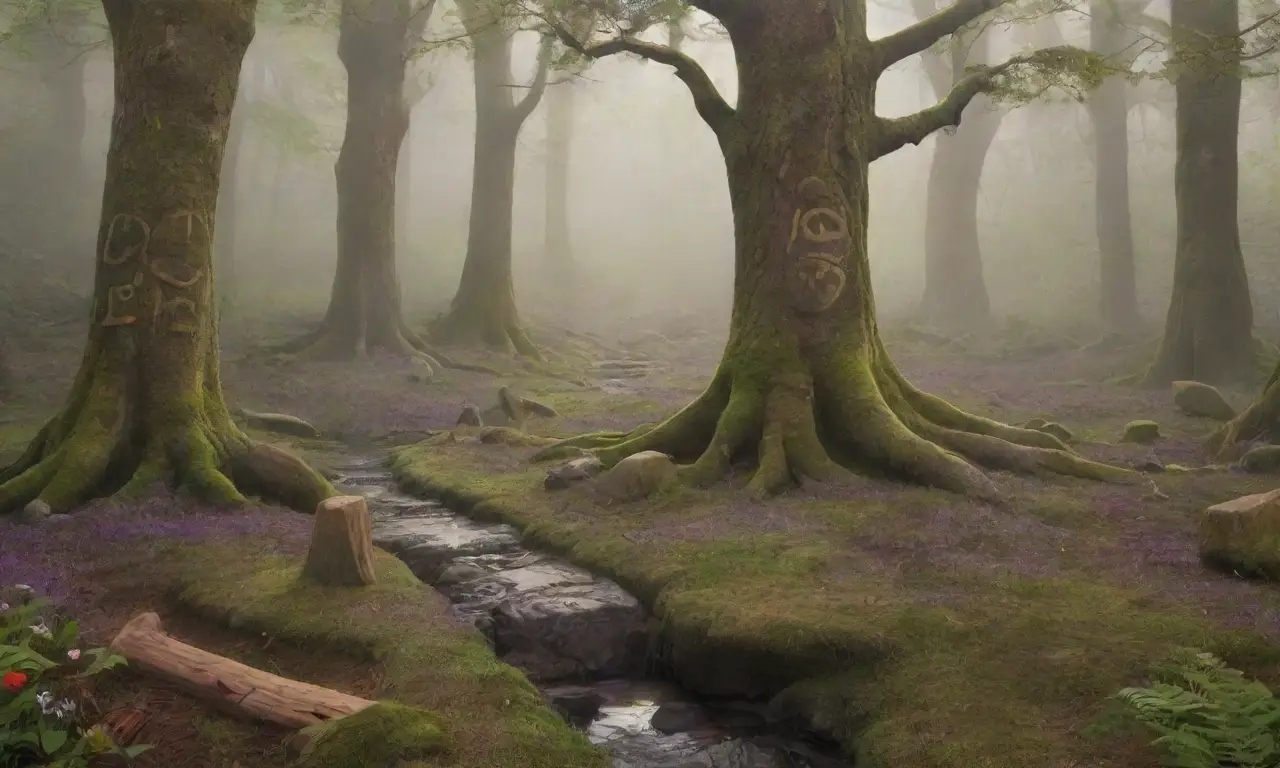 Un paisaje místico lleno de runas antiguas, naturaleza vibrante y ecos de historias pasadas