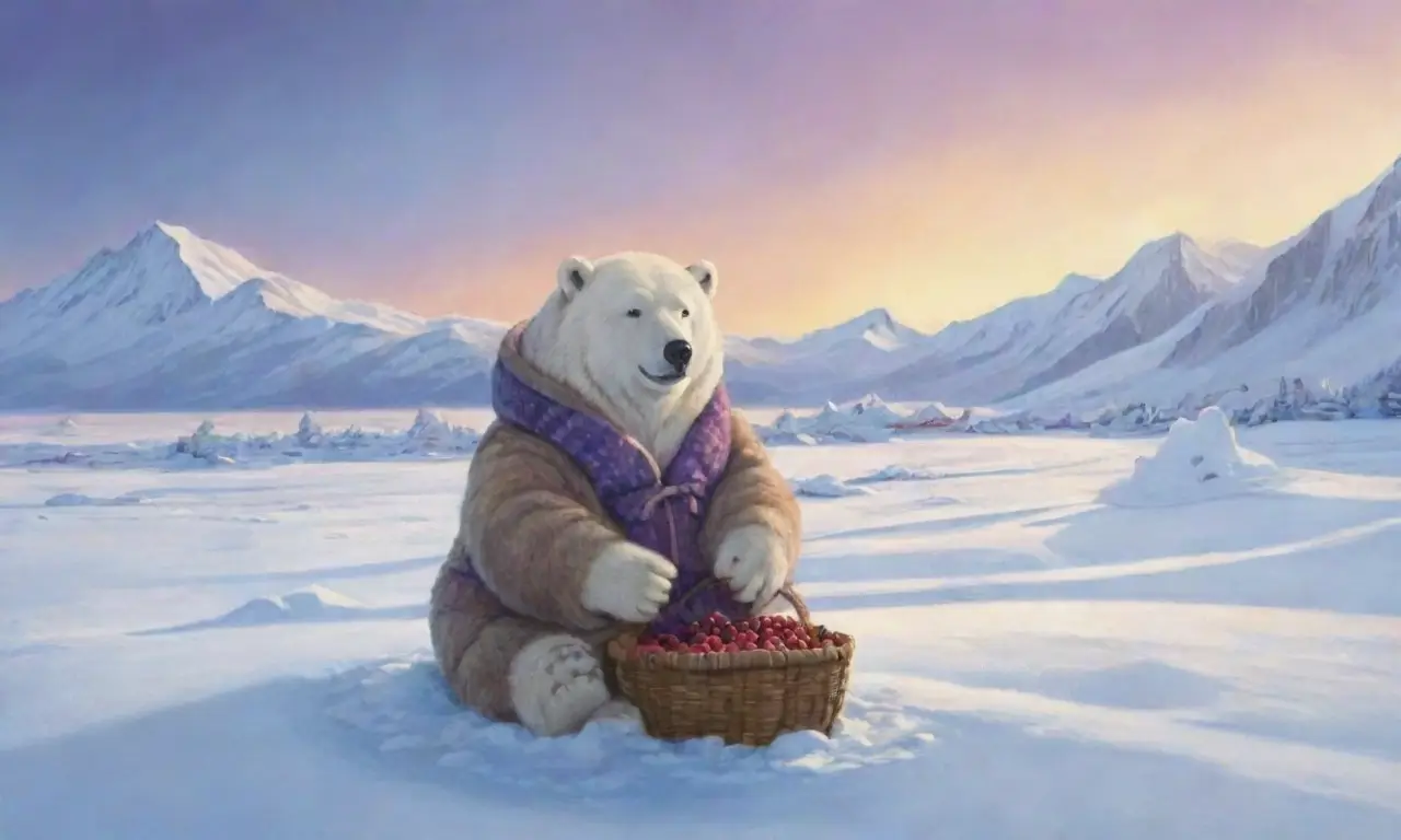 Un paisaje helado con un inuit, un oso polar, auroras boreales y un ambiente reverente