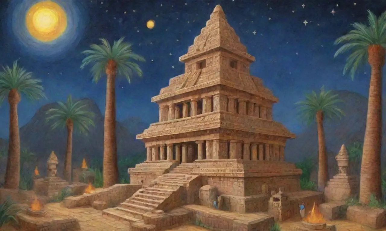 Templos sumerios con ziggurats, altares dorados, frescos vibrantes y rituales sagrados