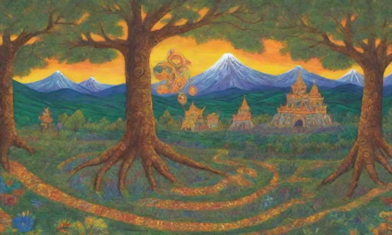 Colores vibrantes, criaturas míticas y leyendas cobran vida en un paisaje mágico
