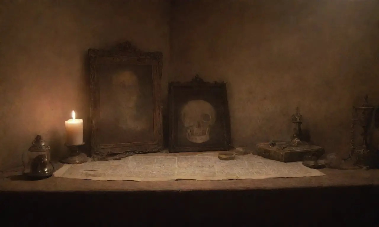 Un ambiente sombrío y misterioso lleno de objetos antiguos y sombras